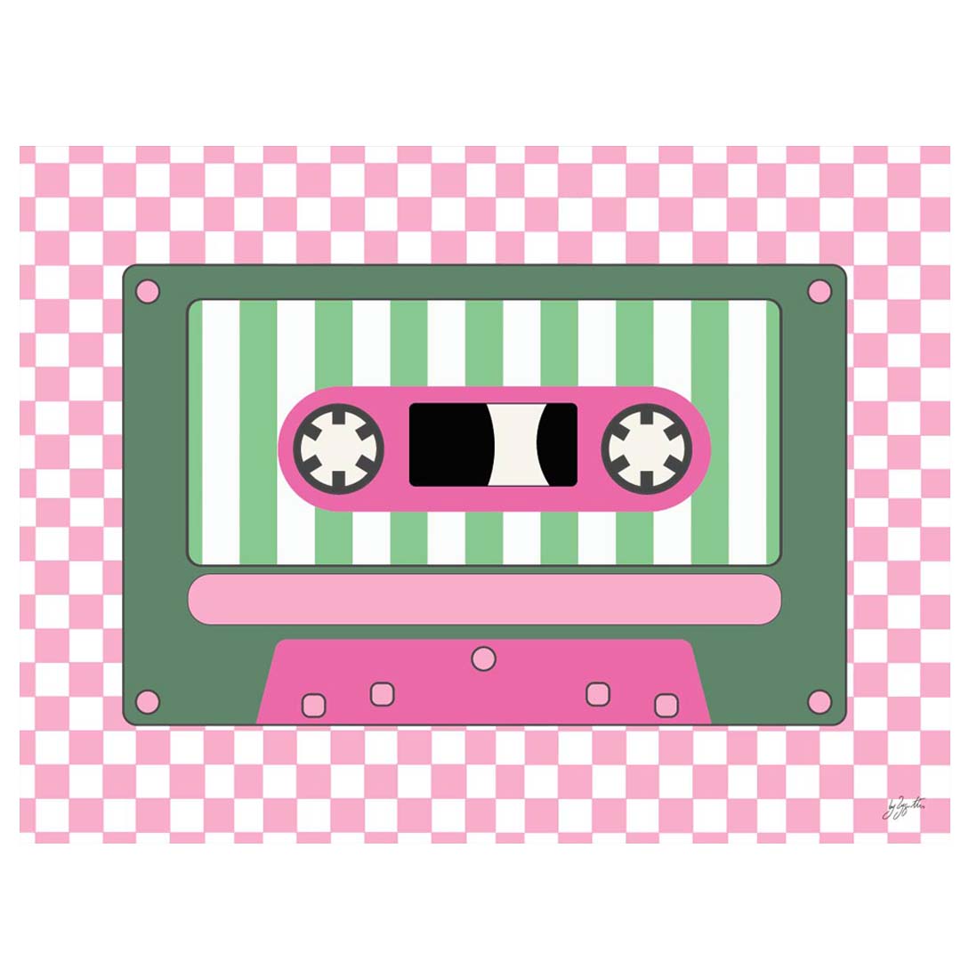 Affiche représentant une cassette audio vintage rose au design rétro inspiré des années 80 et 90 pour une décoration murale originale et colorée.