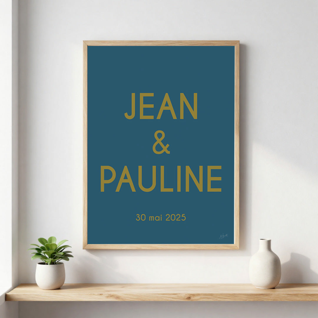 Affiche de mariage personnalisée avec prénoms et date, décoration murale romantique fabriquée en France.