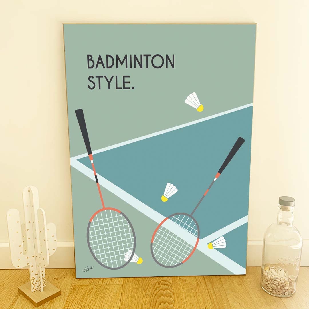 Affiche badminton vintage – décoration murale inspirée du badminton, de la compétition et des sports de raquette.