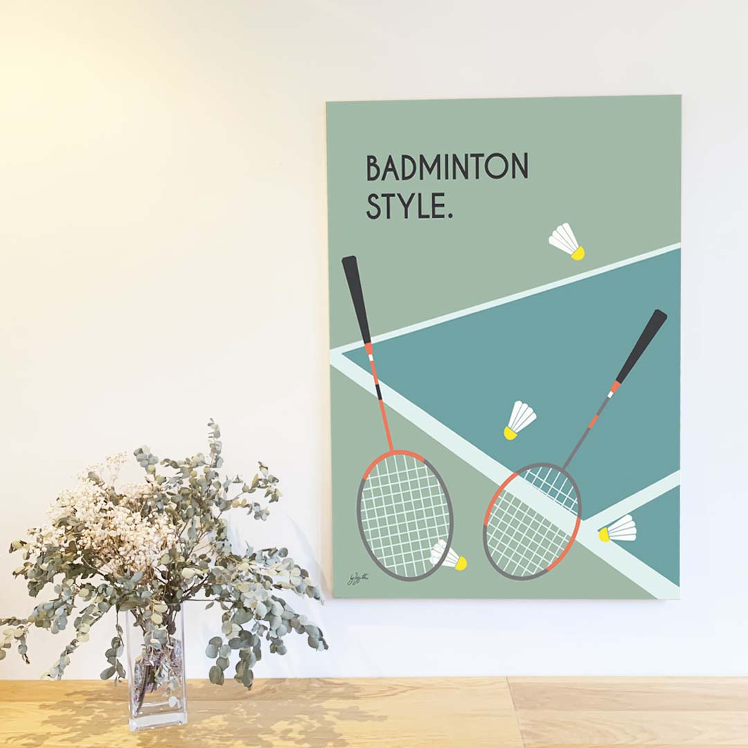Affiche badminton vintage – décoration murale inspirée du badminton, de la compétition et des sports de raquette.