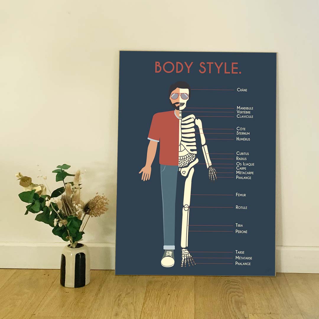 Affiche en bois BODY STYLE 60 × 80 cm sur fond bleu, décorée d’une illustration anatomique rétro représentant un homme et son squelette avec les noms des principaux os.