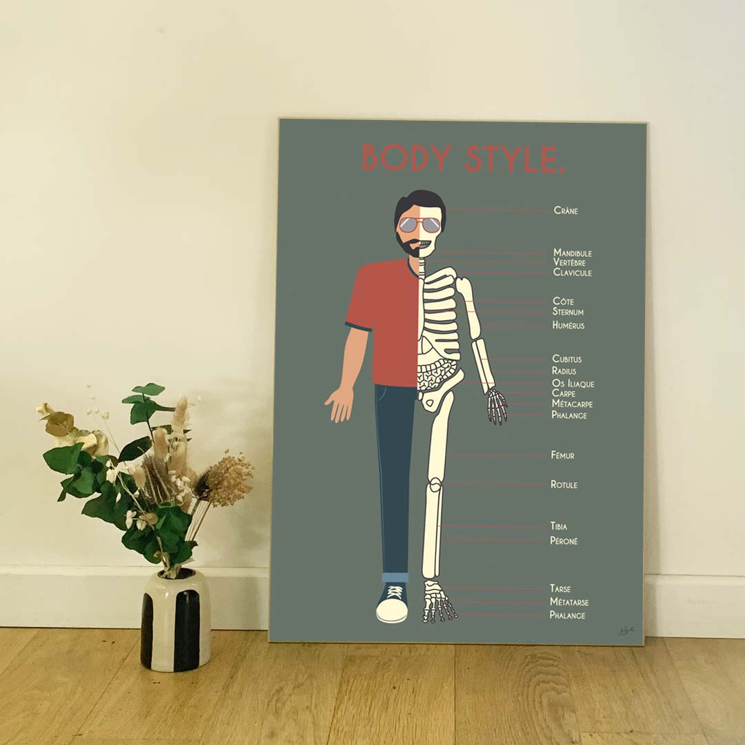 Affiche en bois BODY STYLE 60 × 80 cm, anatomie du squelette humain sur fond kaki