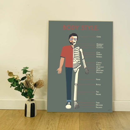 Affiche en bois BODY STYLE 60 × 80 cm, anatomie du squelette humain sur fond kaki