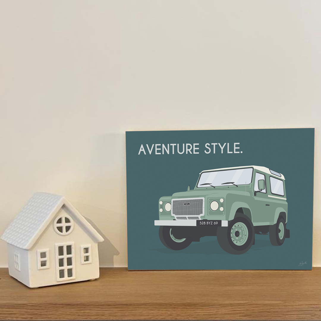 Affiche Defender vintage – décoration murale inspirée des voyages, de l’aventure et des grands espaces.