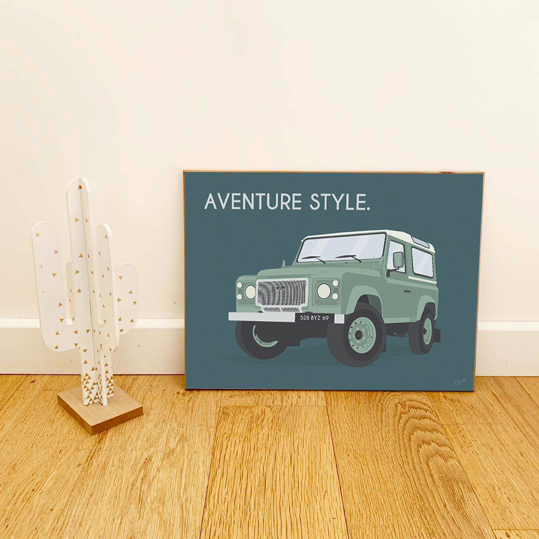 Affiche Defender vintage – décoration murale inspirée des voyages, de l’aventure et des grands espaces.
