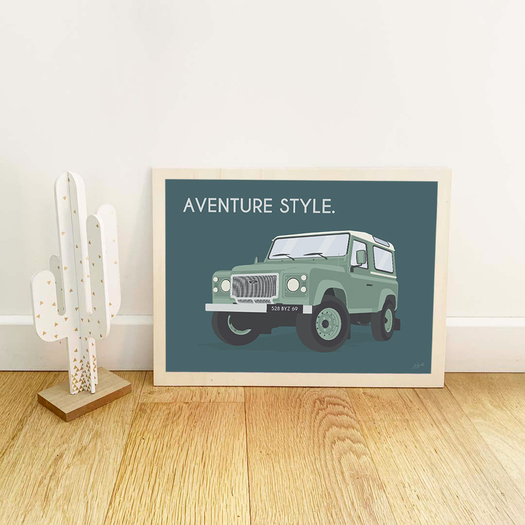 Affiche Defender vintage – décoration murale inspirée des voyages, de l’aventure et des grands espaces.