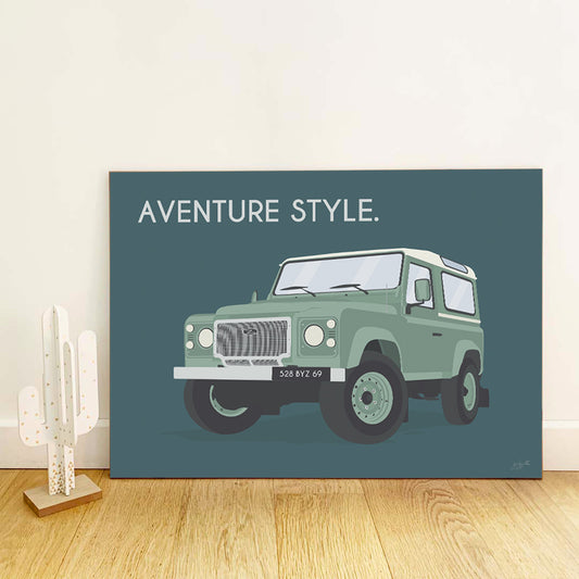 Affiche Defender vintage – décoration murale inspirée des voyages, de l’aventure et des grands espaces.