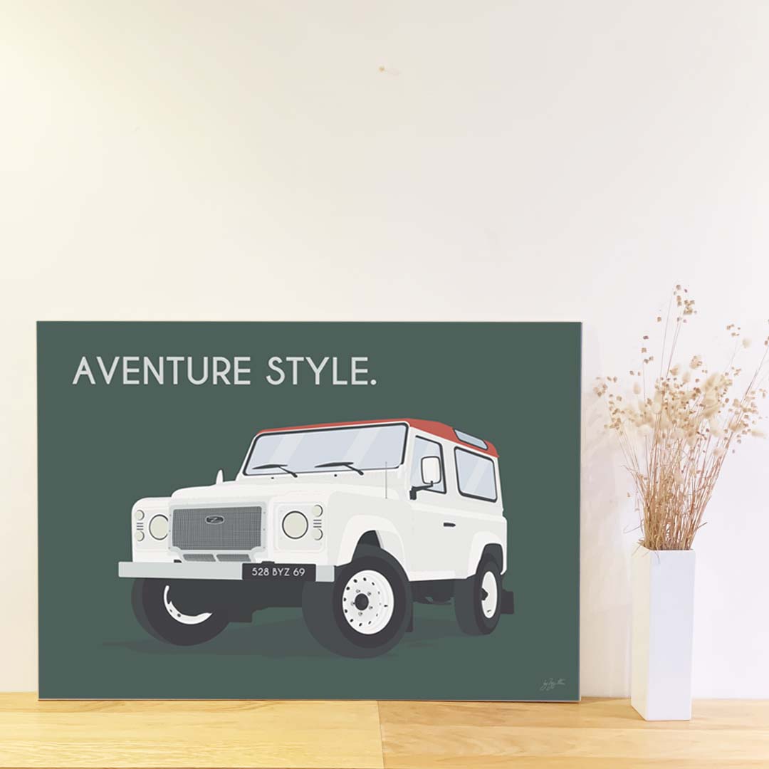 Affiche Defender vintage – décoration murale inspirée des voyages, de l’aventure et des grands espaces.