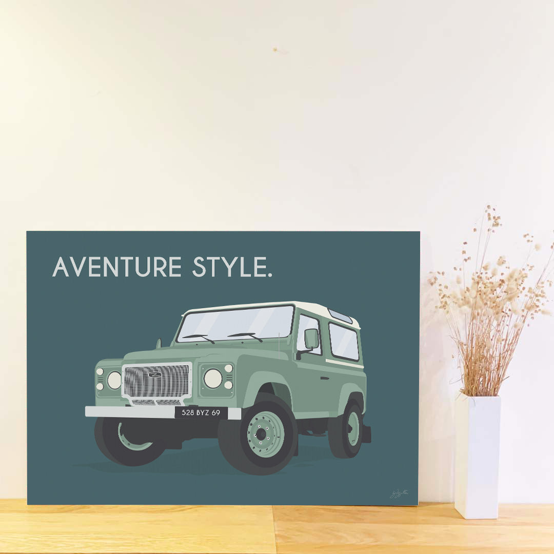 Affiche Defender vintage – décoration murale inspirée des voyages, de l’aventure et des grands espaces.