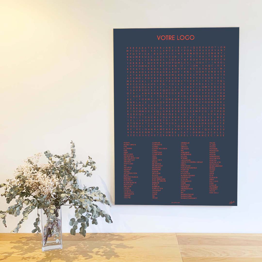 Affiche personnalisée Les mots font le job avec logo et couleurs du cabinet, décoration professionnelle fabriquée en France