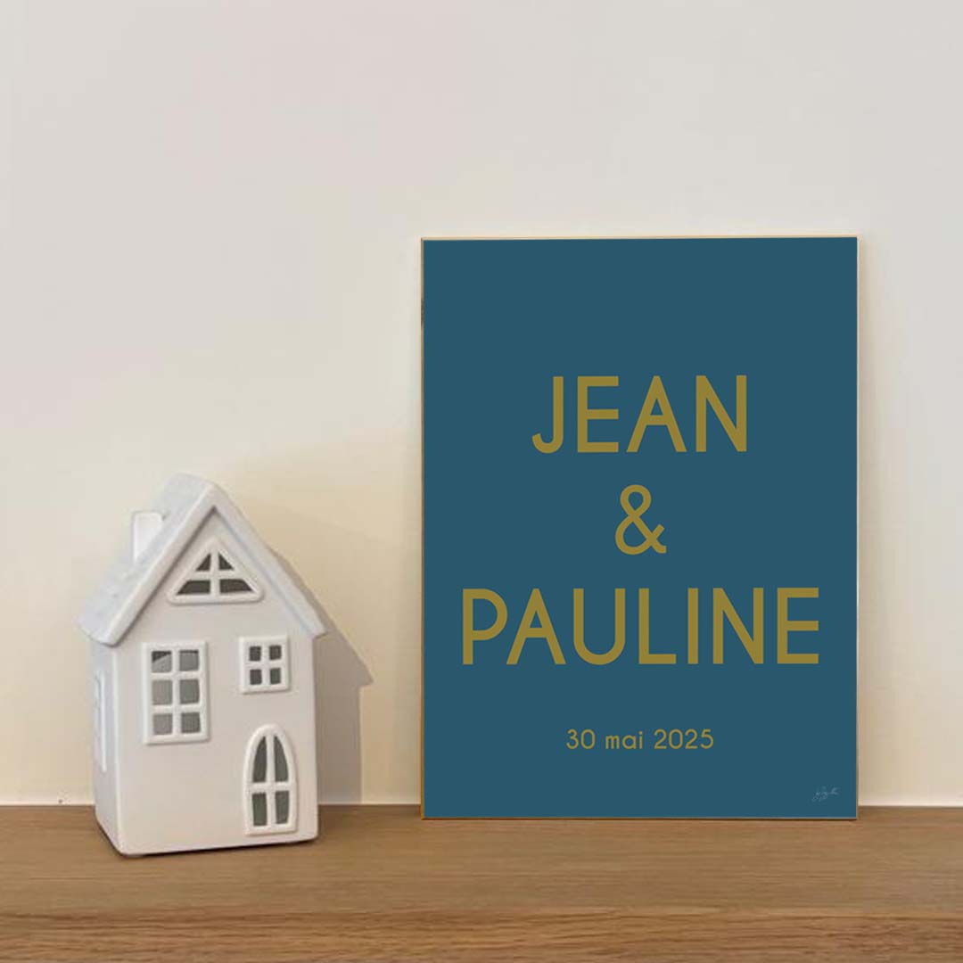 Affiche de mariage personnalisée avec prénoms et date, décoration murale romantique fabriquée en France.