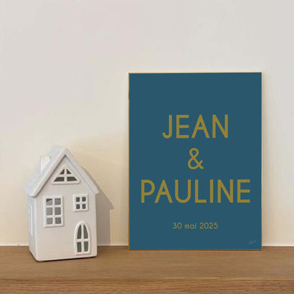 Affiche de mariage personnalisée avec prénoms et date, décoration murale romantique fabriquée en France.