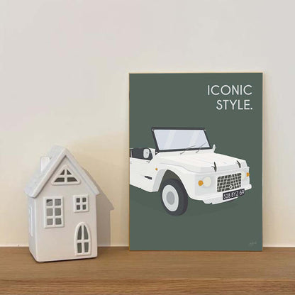 Affiche Méhari vintage – décoration murale inspirée de la Citroën Méhari et de l’esprit vacances.