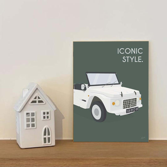 Affiche Méhari vintage – décoration murale inspirée de la Citroën Méhari et de l’esprit vacances.