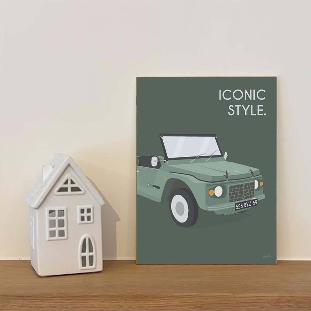 Affiche Méhari vintage – décoration murale inspirée de la Citroën Méhari et de l’esprit vacances.