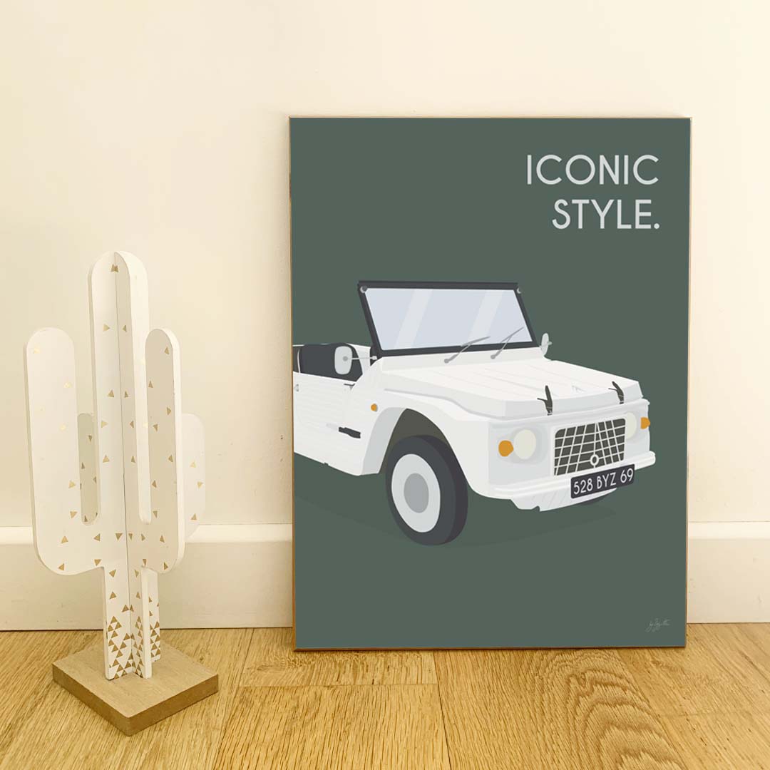 Affiche Méhari vintage – décoration murale inspirée de la Citroën Méhari et de l’esprit vacances.