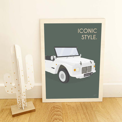 Affiche Méhari vintage – décoration murale inspirée de la Citroën Méhari et de l’esprit vacances.