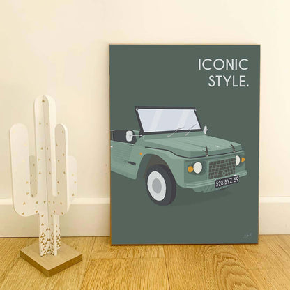 Affiche Méhari vintage – décoration murale inspirée de la Citroën Méhari et de l’esprit vacances.