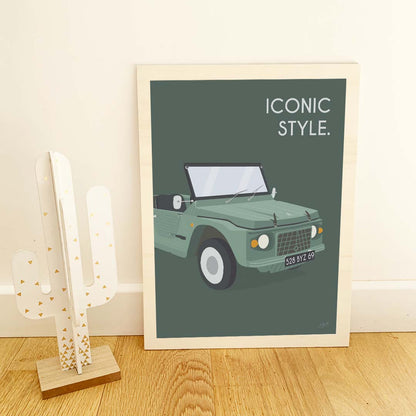 Affiche Méhari vintage – décoration murale inspirée de la Citroën Méhari et de l’esprit vacances.