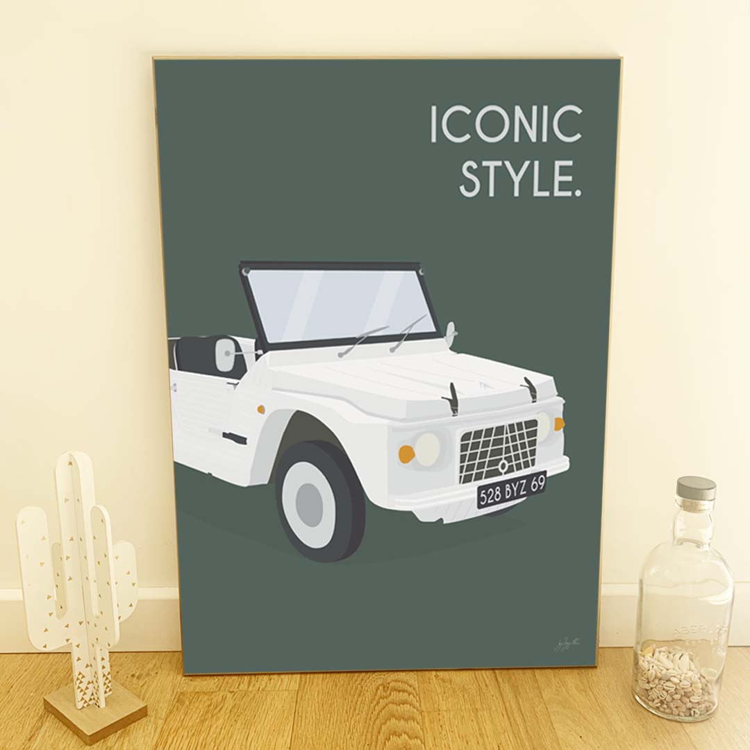 Affiche Méhari vintage – décoration murale inspirée de la Citroën Méhari et de l’esprit vacances.