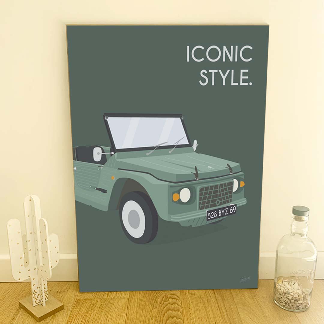 Affiche Méhari vintage – décoration murale inspirée de la Citroën Méhari et de l’esprit vacances.