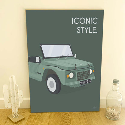 Affiche Méhari vintage – décoration murale inspirée de la Citroën Méhari et de l’esprit vacances.