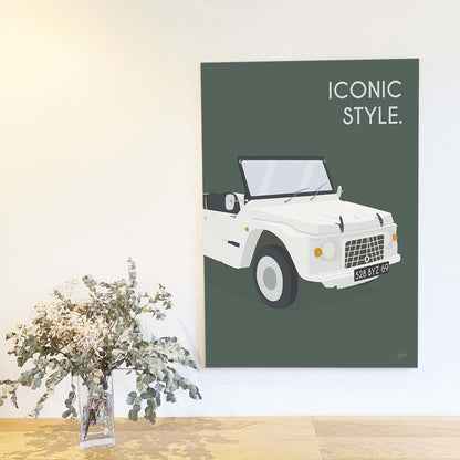 Affiche Méhari vintage – décoration murale inspirée de la Citroën Méhari et de l’esprit vacances.