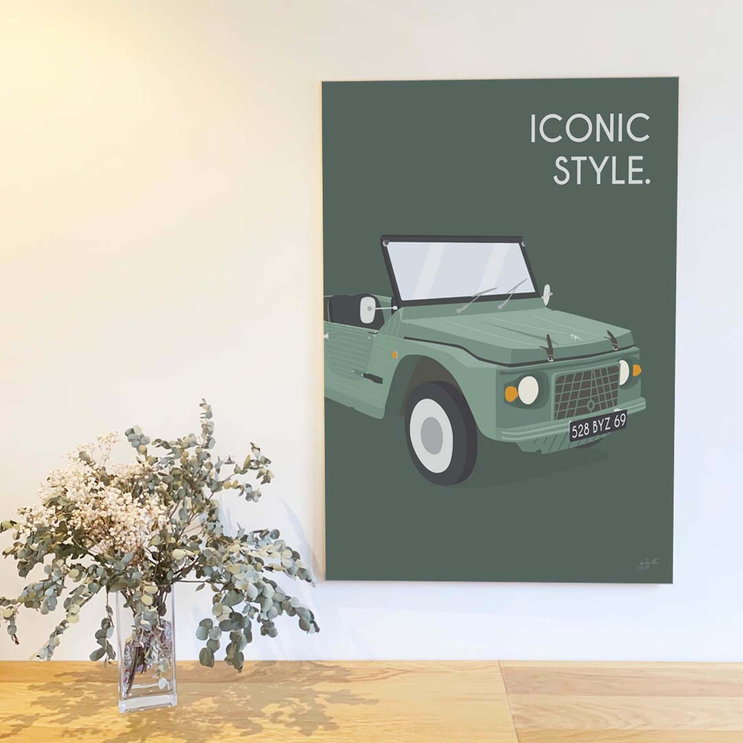 Affiche Méhari vintage – décoration murale inspirée de la Citroën Méhari et de l’esprit vacances.