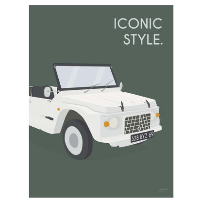 Affiche Méhari vintage – décoration murale inspirée de la Citroën Méhari et de l’esprit vacances.