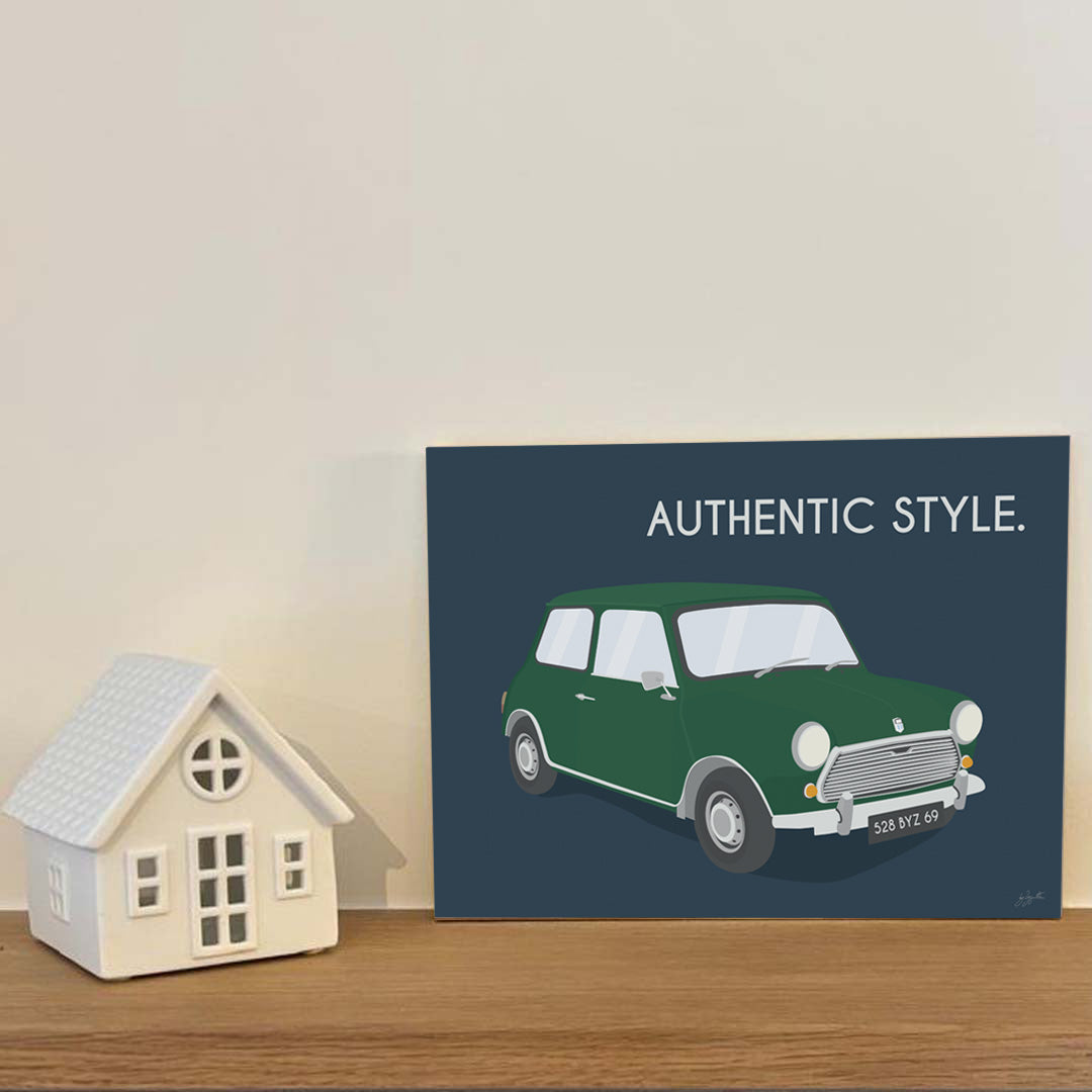 Affiche Mini vintage – décoration murale inspirée de la légendaire Mini Cooper et de l’élégance britannique.