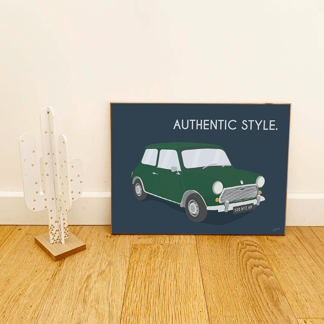Affiche Mini vintage – décoration murale inspirée de la légendaire Mini Cooper et de l’élégance britannique.