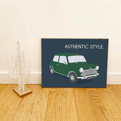 Affiche Mini vintage – décoration murale inspirée de la légendaire Mini Cooper et de l’élégance britannique.