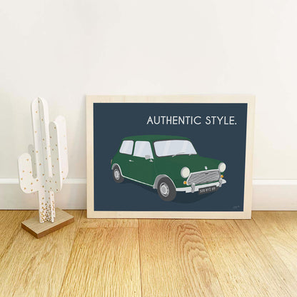 Affiche Mini vintage – décoration murale inspirée de la légendaire Mini Cooper et de l’élégance britannique.