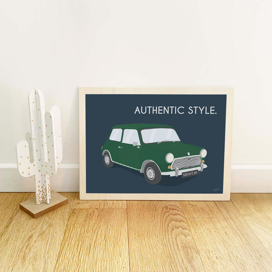 Affiche Mini vintage – décoration murale inspirée de la légendaire Mini Cooper et de l’élégance britannique.