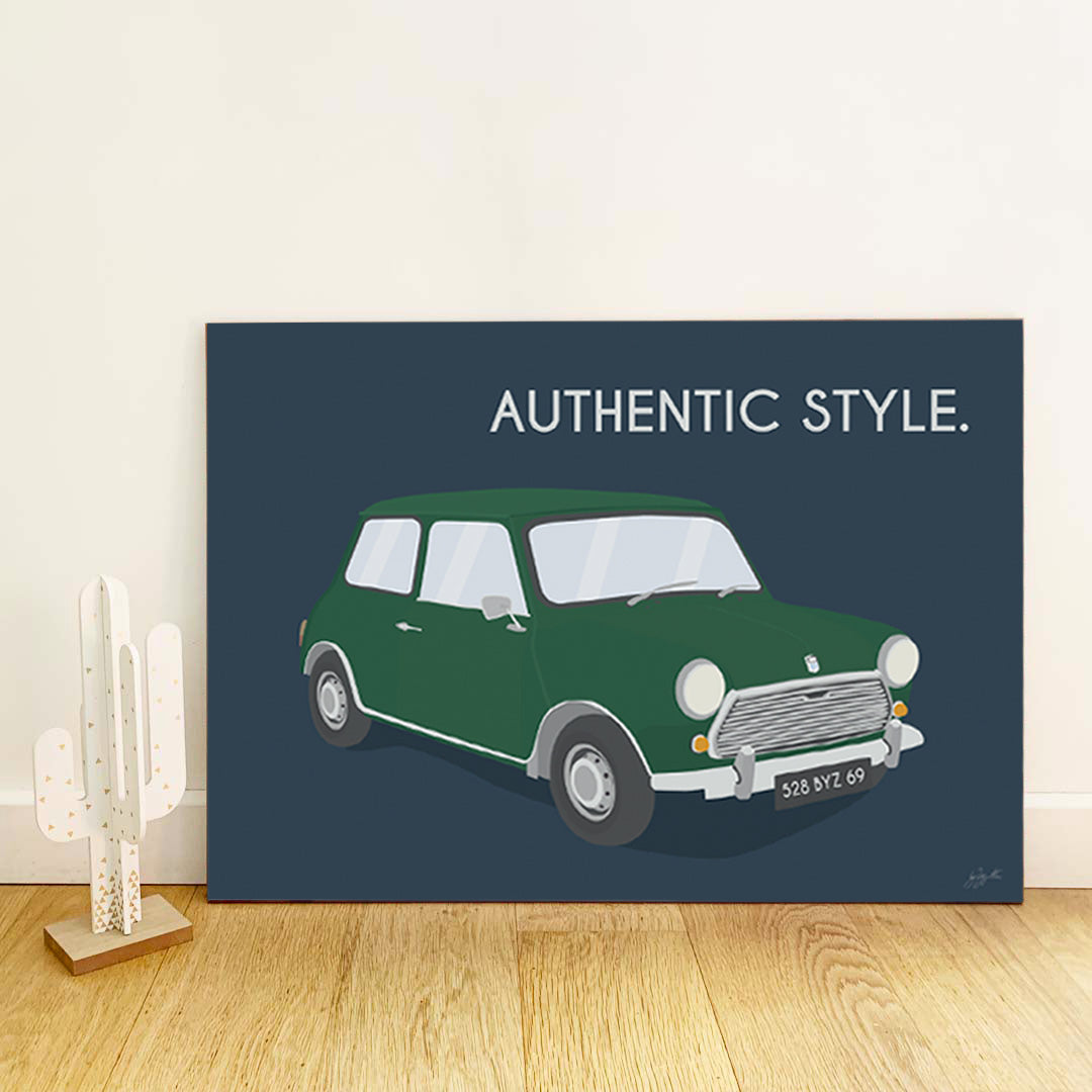 Affiche Mini vintage – décoration murale inspirée de la légendaire Mini Cooper et de l’élégance britannique.