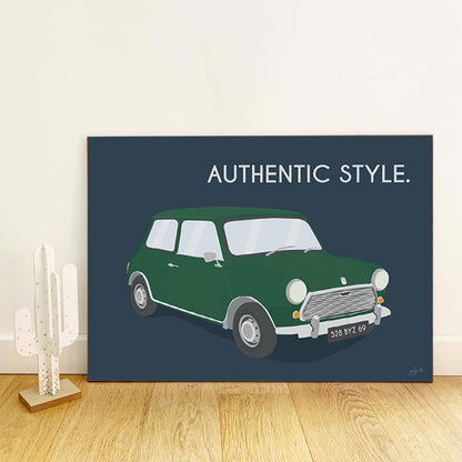 Affiche Mini vintage – décoration murale inspirée de la légendaire Mini Cooper et de l’élégance britannique.