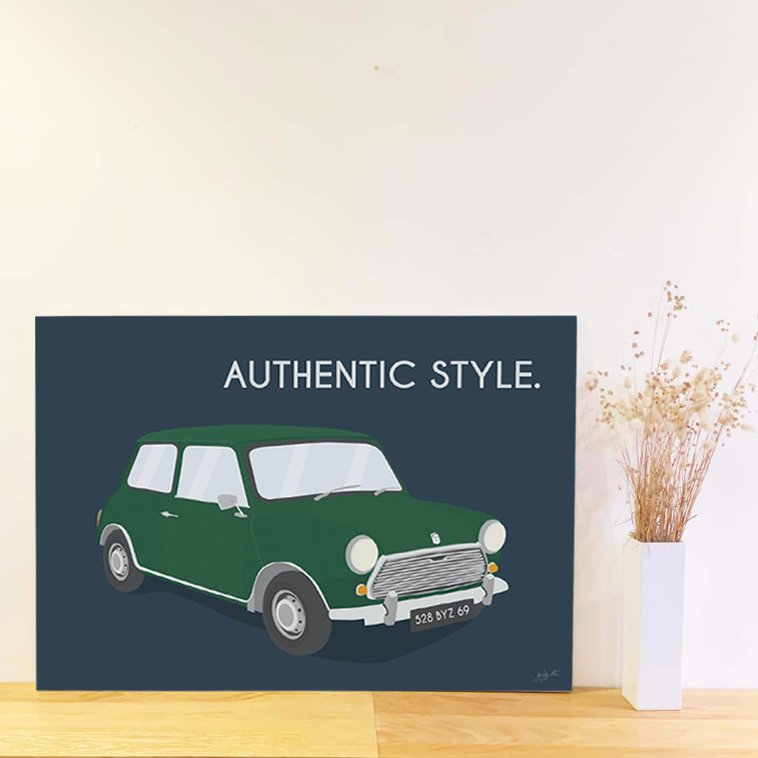 Affiche Mini vintage – décoration murale inspirée de la légendaire Mini Cooper et de l’élégance britannique.
