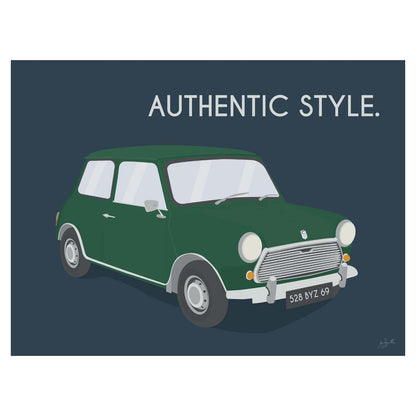 Affiche Mini vintage – décoration murale inspirée de la légendaire Mini Cooper et de l’élégance britannique.