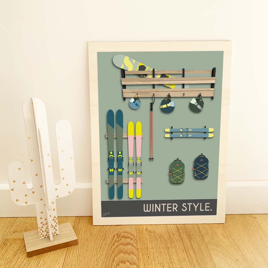 Affiche montagne sports d'hiver – décoration murale inspirée du ski, de la neige, des paysages alpins et de l'univers de la montagne.