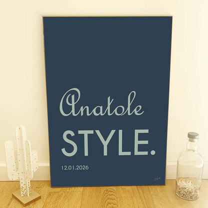 Affiche Name Style personnalisée avec prénom ou nom, décoration murale moderne fabriquée en France.
