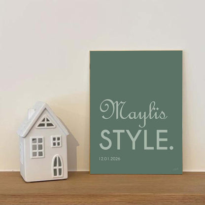 Affiche Name Style personnalisée avec prénom ou nom, décoration murale moderne fabriquée en France.