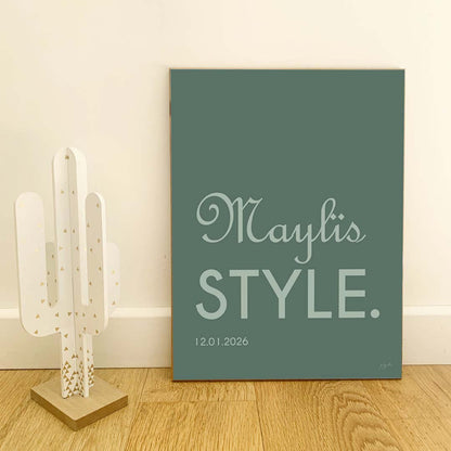 Affiche Name Style personnalisée avec prénom ou nom, décoration murale moderne fabriquée en France.
