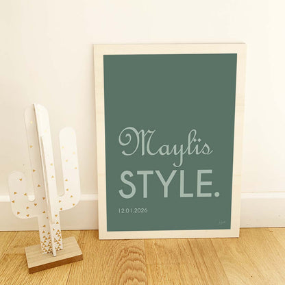 Affiche Name Style personnalisée avec prénom ou nom, décoration murale moderne fabriquée en France.
