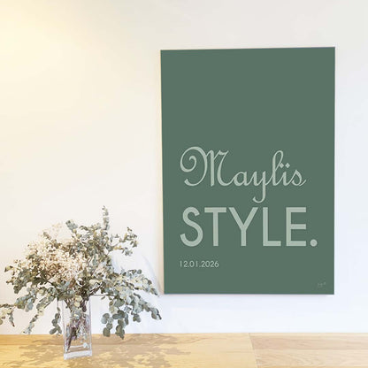 Affiche Name Style personnalisée avec prénom ou nom, décoration murale moderne fabriquée en France.