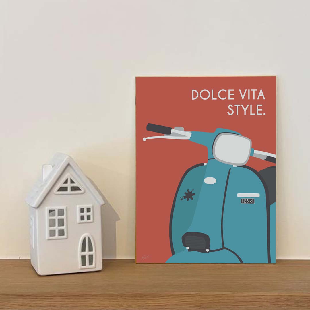 Affiche scooter vintage italien – décoration murale inspirée de l’art de vivre italien et de la Dolce Vita.