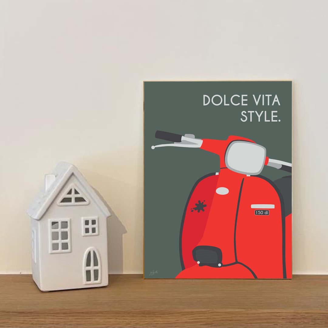 Affiche scooter vintage italien – décoration murale inspirée de l’art de vivre italien et de la Dolce Vita.