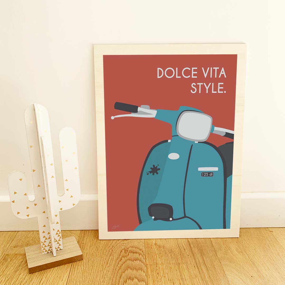 Affiche scooter vintage italien – décoration murale inspirée de l’art de vivre italien et de la Dolce Vita.
