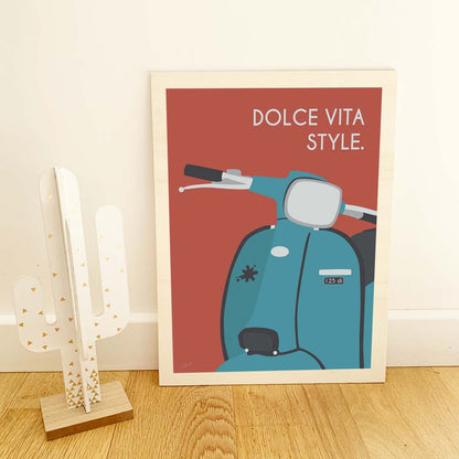 Affiche scooter vintage italien – décoration murale inspirée de l’art de vivre italien et de la Dolce Vita.