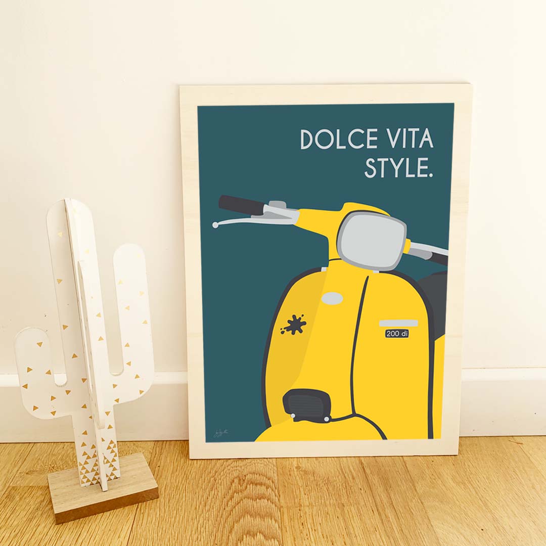 Affiche scooter vintage italien – décoration murale inspirée de l’art de vivre italien et de la Dolce Vita.