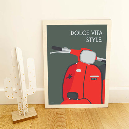 Affiche scooter vintage italien – décoration murale inspirée de l’art de vivre italien et de la Dolce Vita.